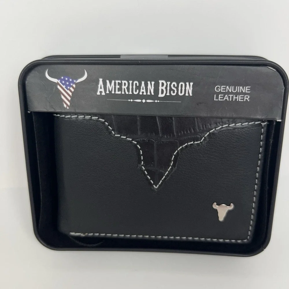 American Bison Genuine Leather Wallet Black Croc Embossed Bifold Metal Logo NEW